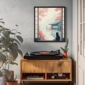 Zwarte kat kijkt naar Japanse herfst Zen Scene Art Poster