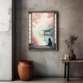 Zwarte kat kijkt naar Japanse herfst Zen Scene Art Poster