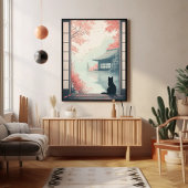 Zwarte kat kijkt naar Japanse herfst Zen Scene Art Poster