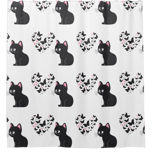 Zwarte kat kijkt naar vlinders douchegordijn (Voorkant)