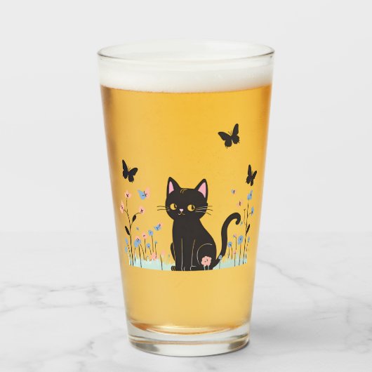 Zwarte kat kijkt naar vlinders glas (Voorkant gevuld)