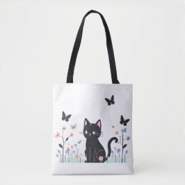 Zwarte kat kijkt naar vlinders tote bag