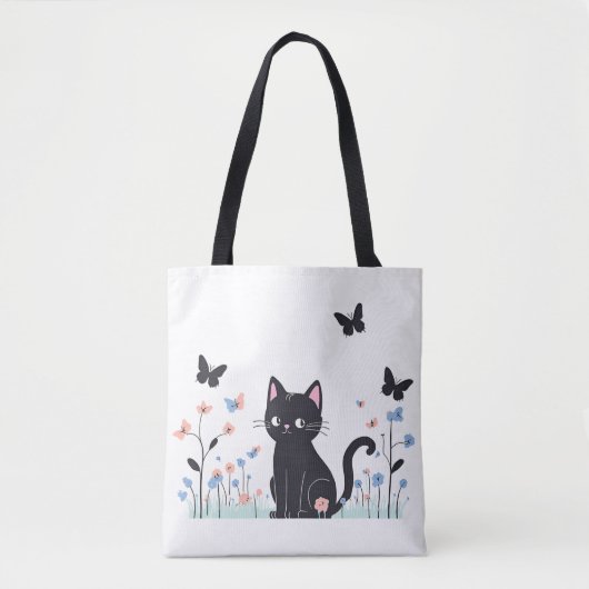 Zwarte kat kijkt naar vlinders tote bag (Voorkant)
