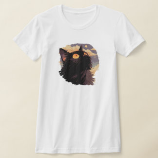 Zwarte kat kijkt op met mystieke nacht t-shirt