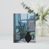 Zwarte kat kijkt uit het raam, briefkaart (Staand voorkant)