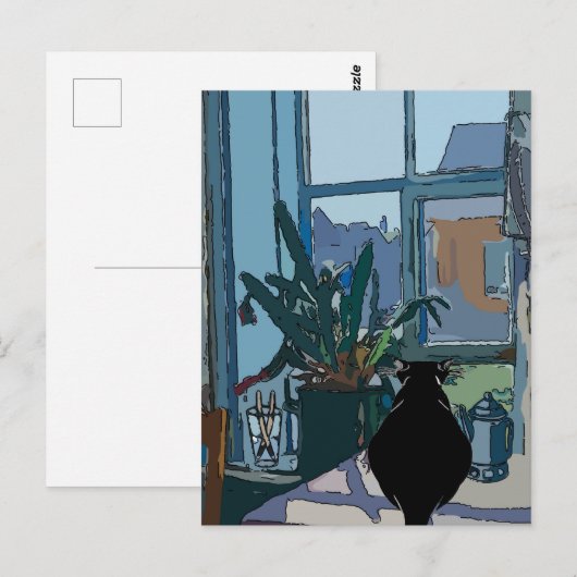 Zwarte kat kijkt uit het raam, briefkaart (Voorkant / Achterkant)