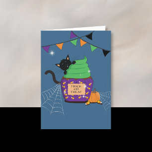 Zwarte Kat Kind Halloween Blauwe Wenskaart Feestdagen Kaart