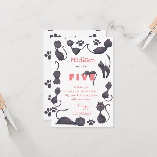 Zwarte kat kinder gelukkige verjaardag kaart (Voorkant / Achterkant in situ)