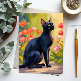 Zwarte Kat | Kitten Huisdier Aquarel Bloemen Gesch Briefkaart