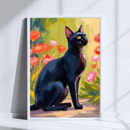 Zwarte Kat | Kitten Huisdier Aquarel Bloemen Gesch Poster
