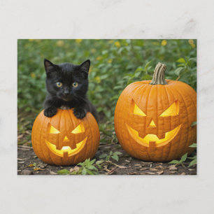 Zwarte kat Kitten met Jack O Lanterns Halloween Feestdagenkaart