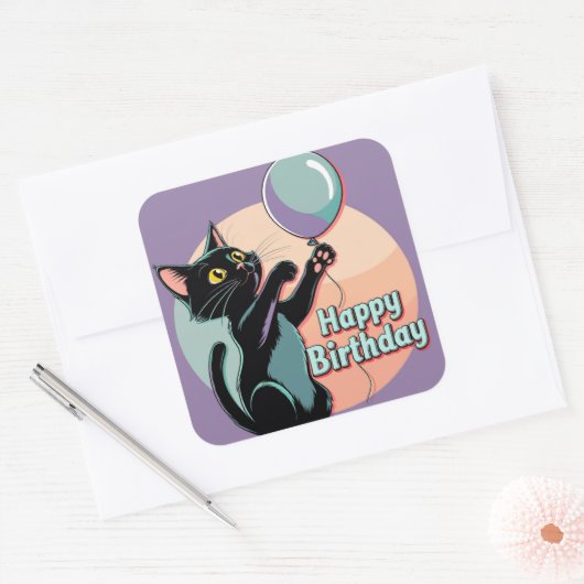 Zwarte kat kleurrijk vierkante sticker (Envelop)