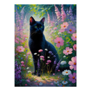 Zwarte Kat Kleurrijke Wildbloemen Decoupage Perfect Poster