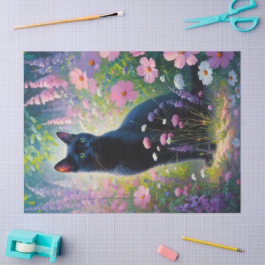 Zwarte Kat Kleurrijke Wildbloemen Decoupage Tissuepapier (Craft)