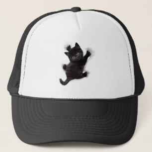 Zwarte kat klimmen op menselijke rug trucker pet