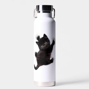 Zwarte kat klimmen op menselijke rug waterfles