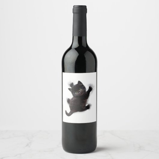 Zwarte kat klimmen op menselijke rug wijn etiket (Voorkant)