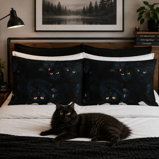Zwarte Kat Knuffel Stapels Poezen Schattig Kussensloop