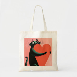Zwarte Kat Knuffelt met Hart Retro Kattenliefhebbe Tote Bag