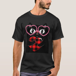 Zwarte Kat Knuffelt Rode Harten Geruite Buffalo Va T-shirt