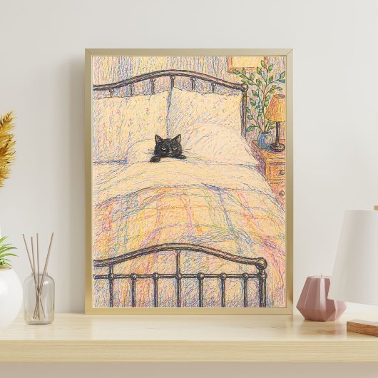 Zwarte Kat Knus Bed Illustratie Poster
