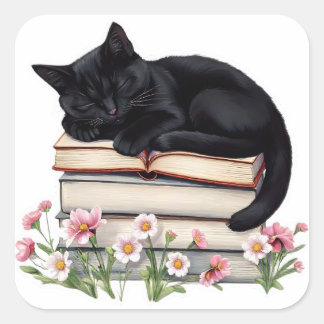 Zwarte kat knus slapend op boeken sticker