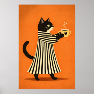 Zwarte Kat Koffie Poster, Minimalistische Dier Kun Poster