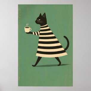 Zwarte Kat Koffie Poster, Minimalistische Kat Poster