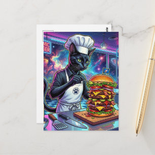 Zwarte Kat Kok Maakt Cheeseburger in Ruimterestaur Briefkaart