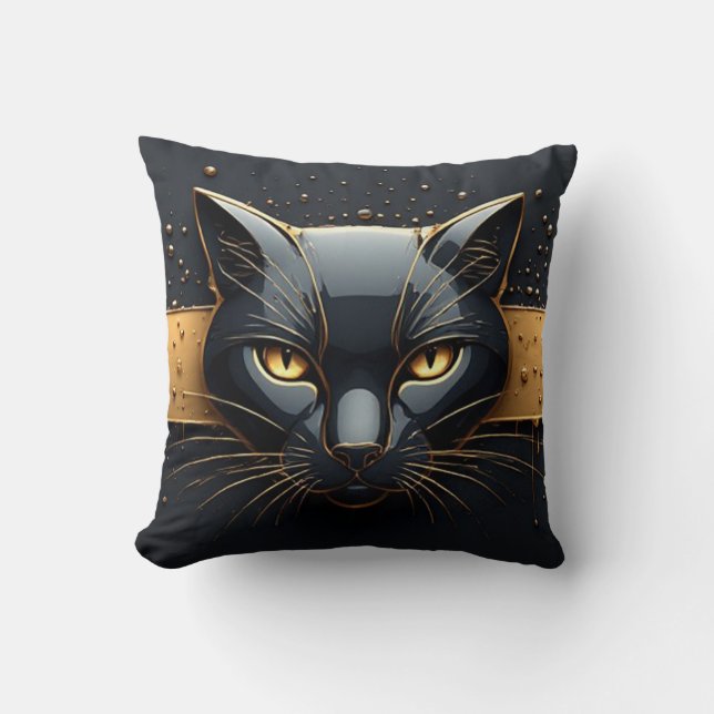 Zwarte Kat Kop Met Gouden Druppel Design 🐈 Kussen (Voorkant)