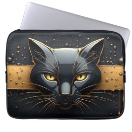 Zwarte Kat Kop Met Gouden Druppel Design 🐈 Laptop Sleeve