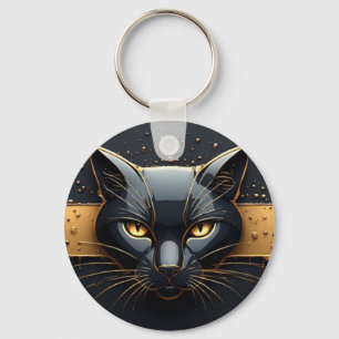 Zwarte Kat Kop Met Gouden Druppel Design 🐈 Sleutelhanger