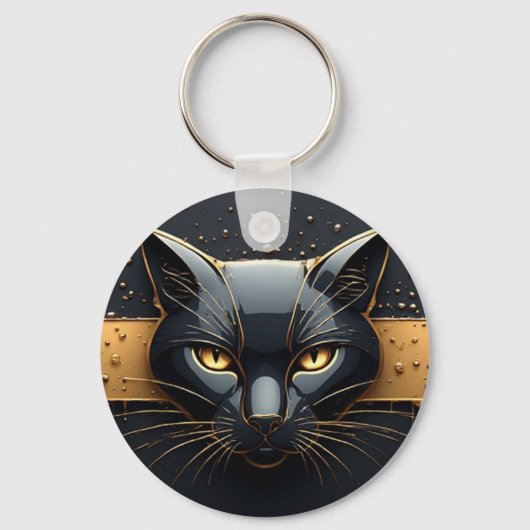Zwarte Kat Kop Met Gouden Druppel Design 🐈 Sleutelhanger (Voorkant)
