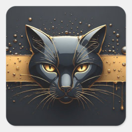 Zwarte Kat Kop Met Gouden Druppel Design 🐈 Vierkante Sticker