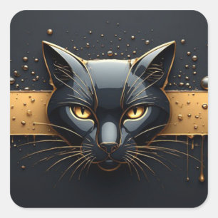 Zwarte Kat Kop Met Gouden Druppel Design 🐈 Vierkante Sticker