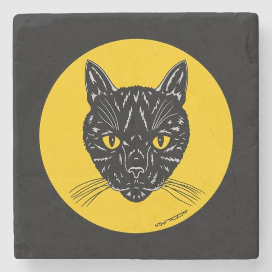 Zwarte Kat Kop Stenen Onderzetter (Voorkant)