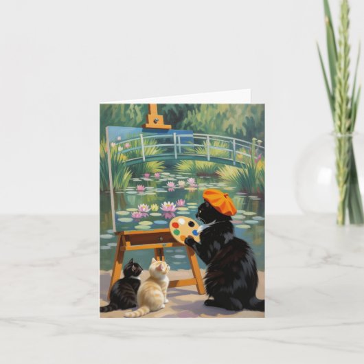 Zwarte Kat Kunstenaar Schilderen Monet Water Lelie Bedankkaart (Voorkant)
