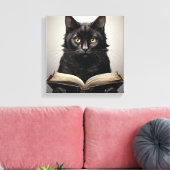 Zwarte kat leest een Antiek boek Canvas Afdruk (Insitu (Woonkamer))