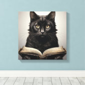 Zwarte kat leest een Antiek boek Canvas Afdruk (Insitu (Houten vloer))