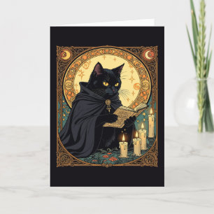 Zwarte kat leest een boek op Halloween Feestdagen Kaart