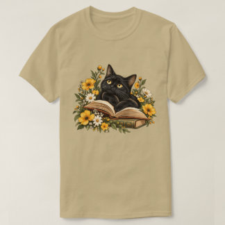 Zwarte Kat Leest Vintage Bloem Kunst T-shirt