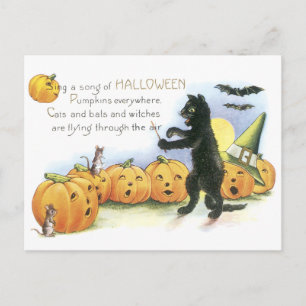 Zwarte Kat leidt Jack O' Lantern Halloween-koor Briefkaart