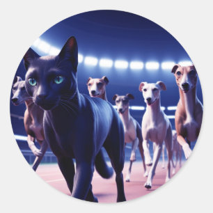 Zwarte kat leidt roedel honden op hondenbaan ronde sticker
