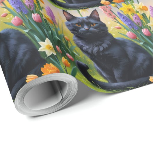 Zwarte kat lente bloemen schilderen cadeaupapier (Rol Hoek)