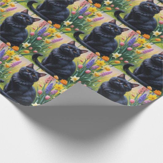 Zwarte kat lente bloemen schilderen cadeaupapier (Hoek)