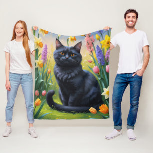 Zwarte kat lente bloemen schilderen fleece deken