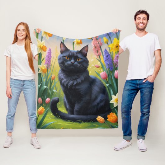 Zwarte kat lente bloemen schilderen fleece deken (In situ)