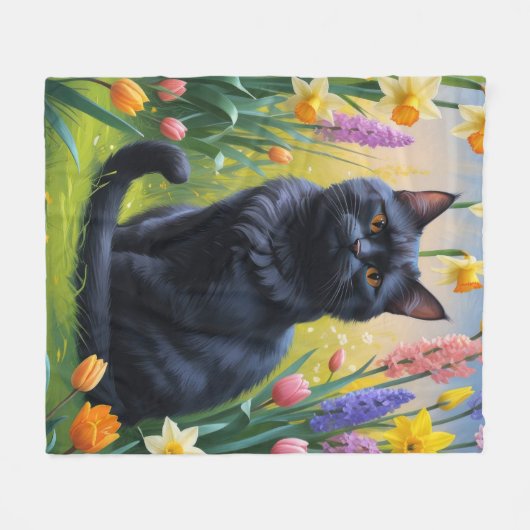 Zwarte kat lente bloemen schilderen fleece deken (Voorkant (Horizontaal))