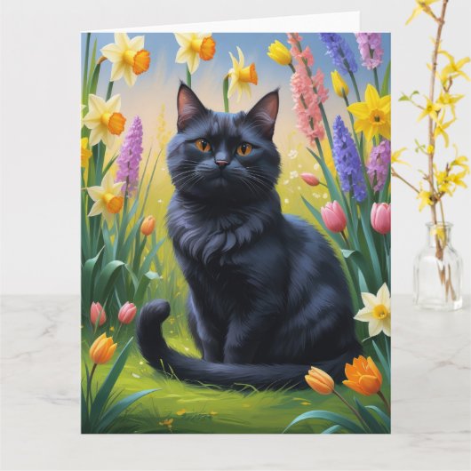 Zwarte kat lente bloemen schilderen kaart (Gele Bloem)