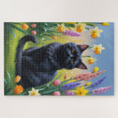 Zwarte kat lente bloemen schilderen legpuzzel (Horizontaal)